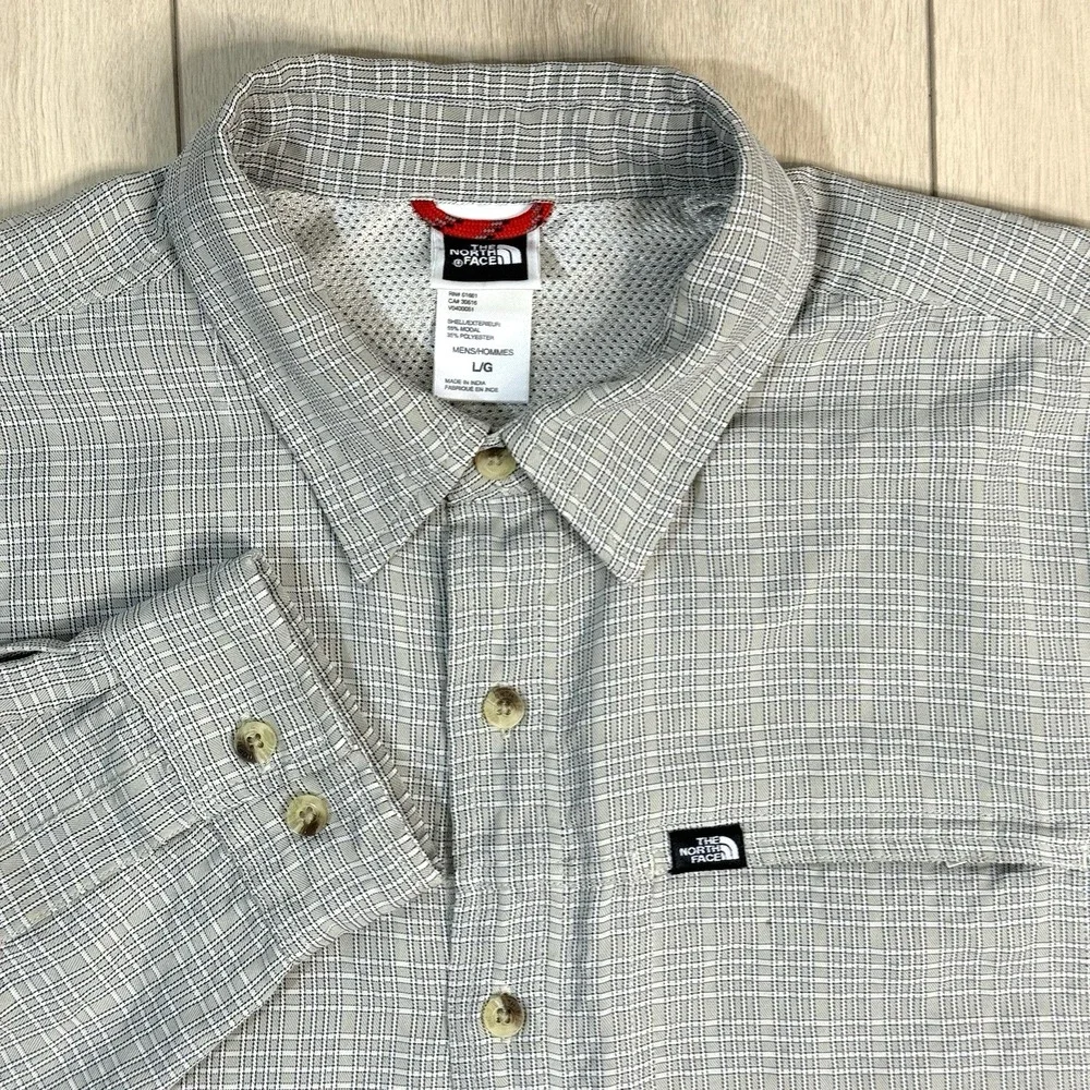 The North Face Shirt Men's L Plaid Mesh Lined‎ Beige Outdoor Button Up Hiking